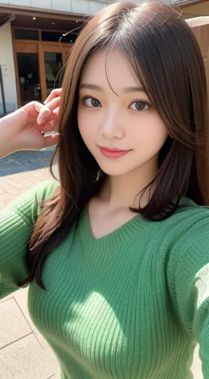 masutepiece, Best Quality, Photorealsitic, finely detail, hight resolution, 8K Wallpapers, Perfect dynamic composition, Beautiful detailed eyes, Medium Hair, Random and sexy poses,Bring your chest together、(Tight Green Knitwear)、(Breast bulge 1.1)、A smile、...