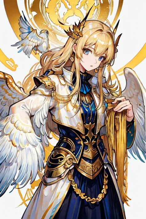 A golden haired female angel with hazel eyes and white wings with golden feathers is wearing an ivory armor with golden plating in front of a black scaly monster