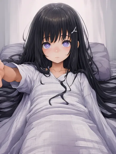 1girl in,,,,,６year old girl,sleepy expression,dark hospital room,white pajamas,,,de pele branca,a dark-haired,purple pupils,,gir...