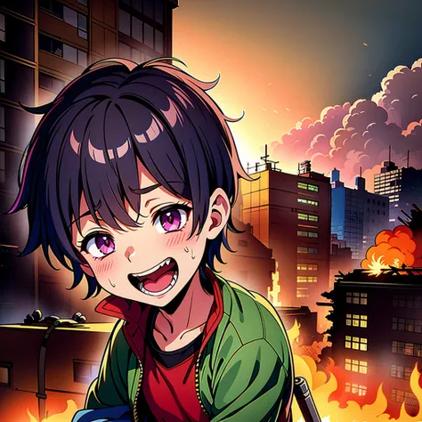 a boy laughing with dirty clothes in a destroyed city and a bomb exploding nearby, (best quality, highres), detailed facial expressions, vibrant colors, post-apocalyptic setting, dusty and debriilled environment, crumbling buildings, smoke and fire, ruins ...