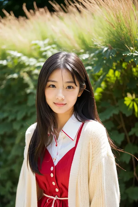 Beautiful girl wearing a collared summer dress、thin summer cardigan、14years、japanes、Wheat-colored　The skin、heavy wind、Black hair long hair、少し日焼けしたThe skin、Black、