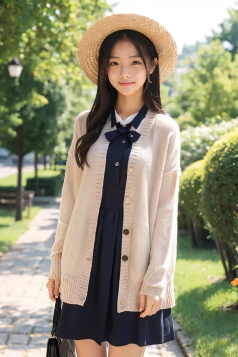 Beautiful girl wearing a collared summer dress、thin summer cardigan、13years、japanes、Wheat-colored　The skin、heavy wind、Black hair long hair、少し日焼けしたThe skin、Black、