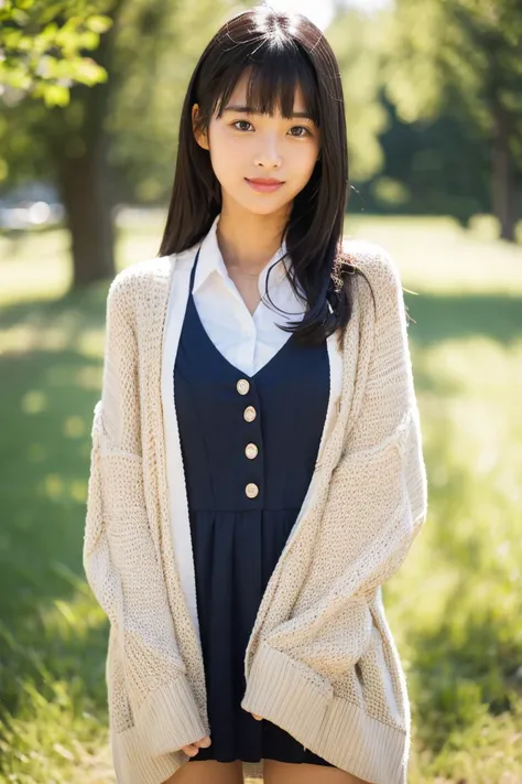 Beautiful girl wearing a collared summer dress、thin summer cardigan、13years、japanes、Wheat-colored　The skin、heavy wind、Black hair long hair、少し日焼けしたThe skin、Black、