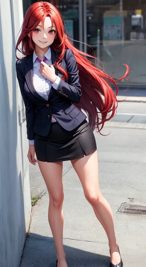 Long red hair, hair loose, wearing formal business clothes, a short skirt, looking at the camera, smiling, big eyes, red eyes