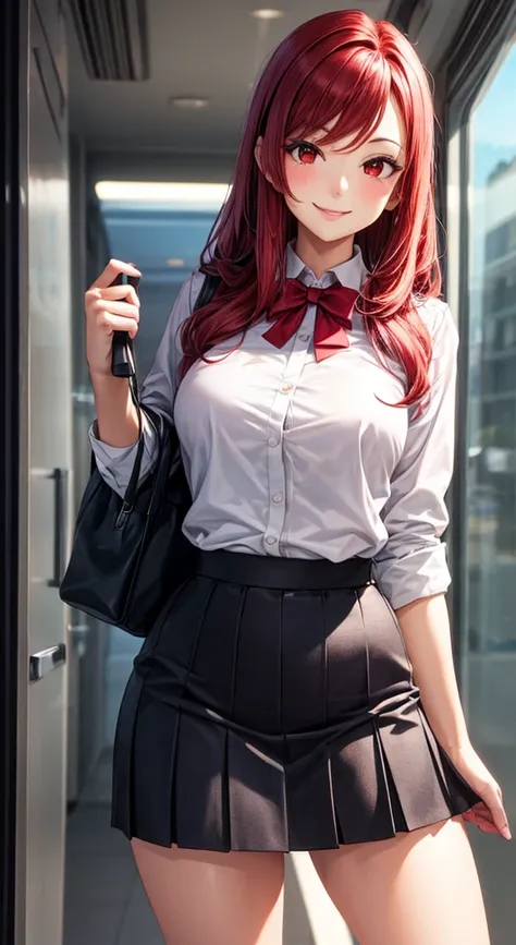 Long red hair, hair loose, wearing formal business clothes, a short skirt, looking at the camera, smiling, big eyes, red eyes