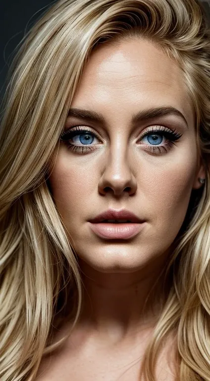 Face Singer Adele age 30 years, blond, eyes blue, texture hair, beautiful (muscle body:1.2), texture skin, naked, half body