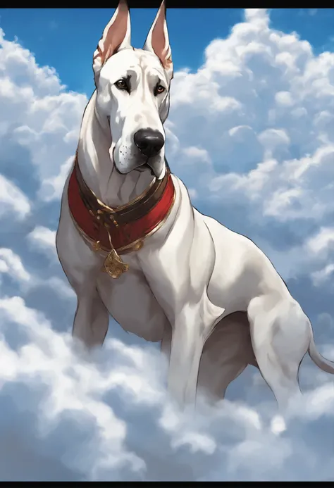 close-up of Great Dane dog walking on the clouds, fluffy clouds, shaggy clouds, casimir art, shigenori soejima illustration, boris valejo. Great Dane dog, detailed anime character art, detailed key anime art, Granblue Fantasy, scary Santa Claus in the art ...