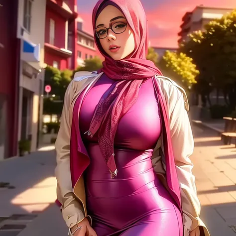 a woman in a pink scarf and skirt standing in a parking lot, pastel pink skin tone, beautiful female, mia khalifa, hijab(bra lin...