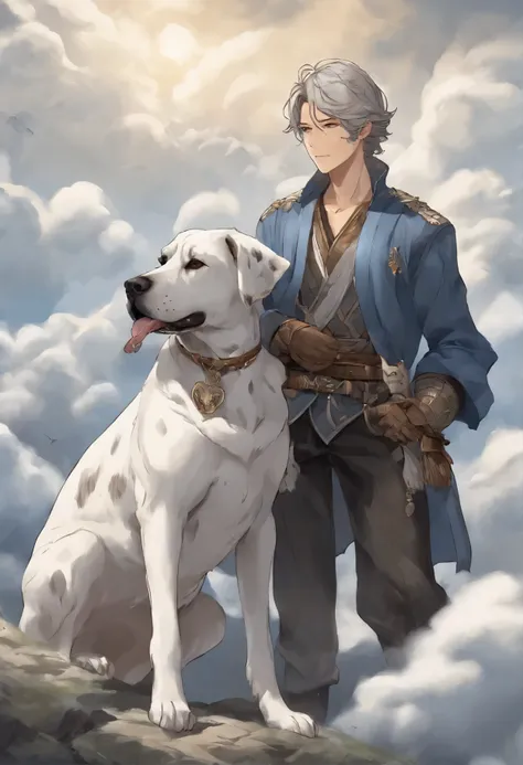 close-up of a dog of the German DRG breed of merle color (white with black spots) hugs a person, A Great Dane dog walks on the clouds, fluffy clouds, casimir art, illustration of shigenori soejima, boris valejo. Smiling Great Dane dog, detailed anime chara...