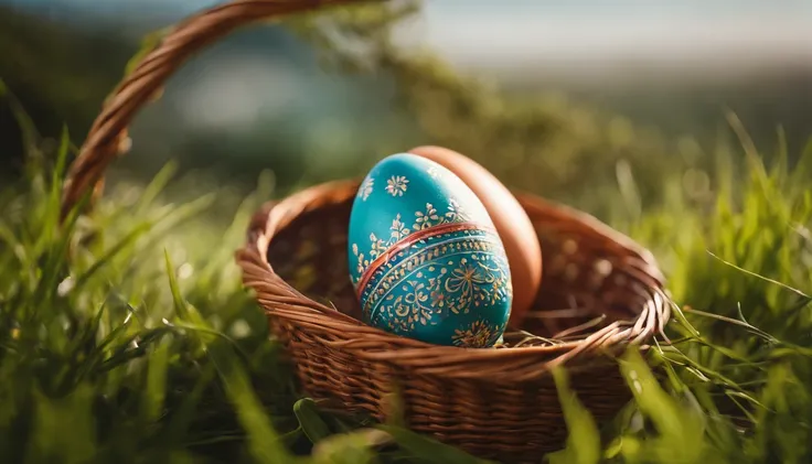 a close-up shot of a beautifully decorated Easter egg nestled in a basket, with the vibrant colors and intricate patterns standing out against the grassy background