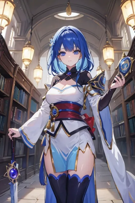 A blue haired female mage with blue eyes is polishing a staff in a library