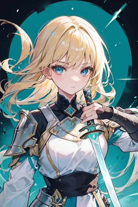 A blond haired female knight with teal eyes is polishing a sword