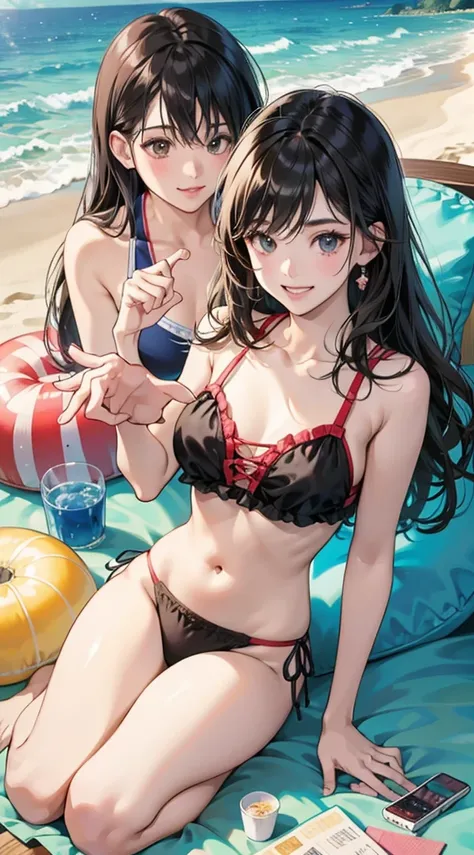 (Best Quality,4K,High resolution), Delicately expressed illustrations with realistic details，Multiple people，2 girls in，selfee，Looking at the camera、Point the camera up、the beach，Frolic on the beach，kawaii，sharp eye，Smiling smile，grin，Long straight hair wi...