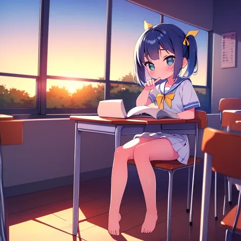 nude feet loli toddlercon holding book sunset classroom dark blue hair short hair twintails yellow hair ribbon