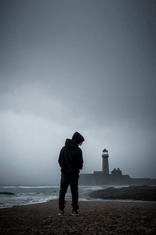 black kid in a hoodie, dark, gloomy, magical  in misty fog with light house in the far distance