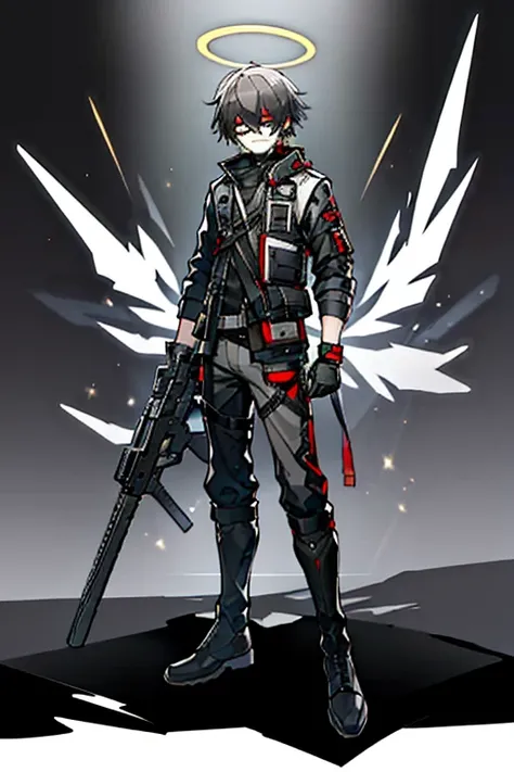 (masterpiece), best quality, solo, arknights design, arknights character, arknights style, arknights operator, toned body, Ash gray hair, white halo, sharp eyes, gray eyes, pale skin, medium height, dark, (vest, boots, pistol holster, pistol strap, combat ...