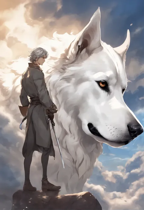 close-up of a dog of the German breed DRG, merle color (white with black spots) hugs a person, Great Dane walking on the clouds with a man, fluffy clouds, casimir art, illustration of shigenori soejima, boris valejo. Smiling Great Dane dog, Detailed drawin...