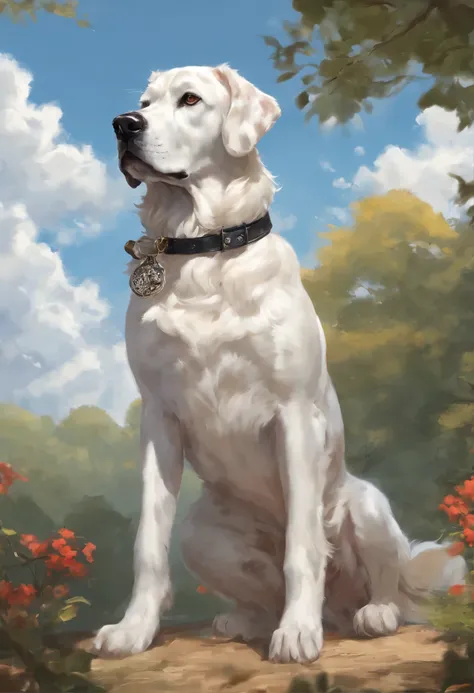 close-up of a dog of the German breed DRG, merle color (white with black spots) runs to race with the clouds, Great Dane runs to race against the clouds, fluffy clouds, casimir art, illustration of shigenori soejima, boris valejo. Smiling Great Dane dog, D...