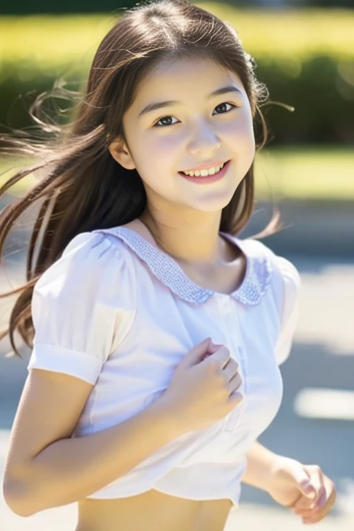 a baby face，Cute,adorable 14 year old girl), (Perfect body:1.1),run around、innocent smiles、Camisole、Fluttering hair