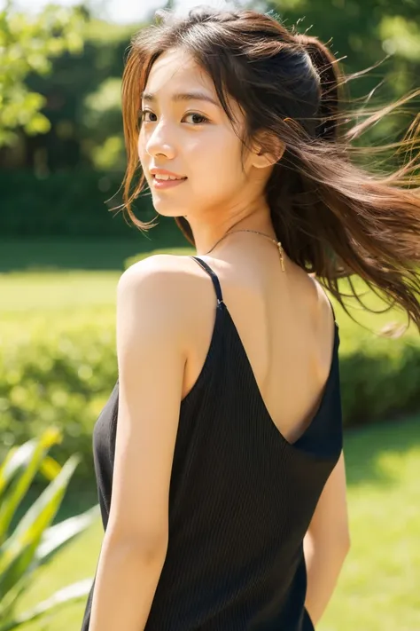 Beautiful girl wearing a collarless summer dress、sixteen years old、japanes、Wheat-toned skin、(heavy wind)、Allback、slightly tanned skin、((Black))、