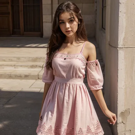 Thin cute girl wearing Chic A-line pink dress with intricate embroidery