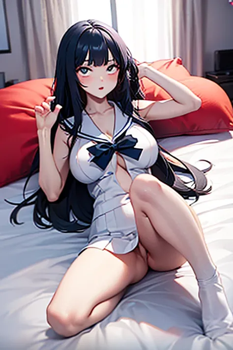 top-quality、realistic touch,high-detail、photoRealstic、thin-waist、captive beauty、big ey、black hair、full body Esbian、Sparkling eyes, cheeks flushed、Kamimei、thin-waist、Voluptuous thighs、In the hotel bed、She is in estrus、a sailor suit、cocky expression、Colossal...