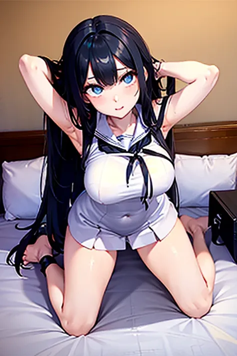 top-quality、realistic touch,high-detail、photoRealstic、thin-waist、captive beauty、big ey、black hair、full body Esbian、Sparkling eyes, cheeks flushed、Kamimei、thin-waist、Voluptuous thighs、In the hotel bed、She is in estrus、a sailor suit、cocky expression、Colossal...