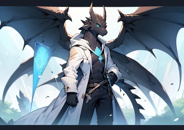 A dark black dragon，dark black wings，dark black tail，Turquoise eyes。Wearing a white coat，He wears a short sword at his waist，is a biological scientist