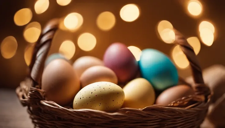 a bokeh shot of Easter eggs in a basket, with soft, blurred lights in the background, creating a dreamy and magical Easter scene