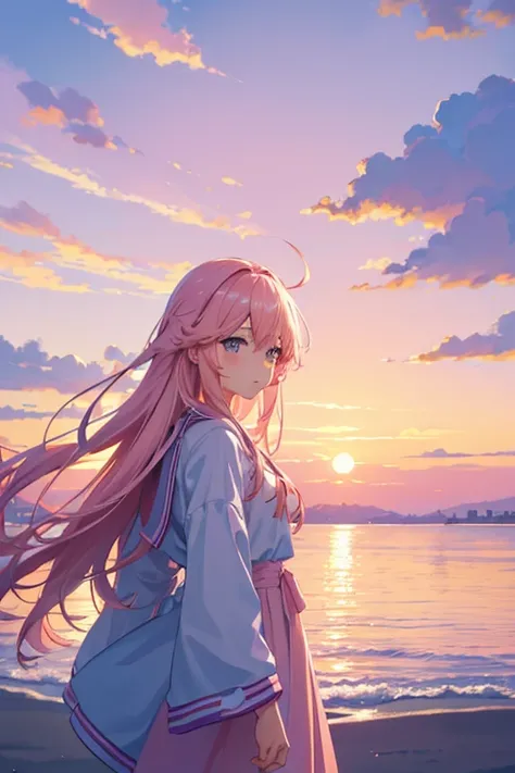 (best quality,4k,8k,highres,masterpiece:1.2),ultra-detailed,realistic,photorealistic:1.37,romantic, vibrant colors, soft pastels, anime style, fluffy pink anime clouds, sunset background, colorful sky, pink and blue sky, fluffy pink clouds, dawn background...