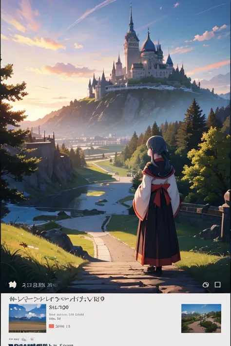 Two anime girls in long skirts stand in front of the mountain, Watching the sun set. jpn, benefit, screenshot from the anime film, anime movie screenshot, witch academia, benefitn from konosuba, anime film still, 2 0 1 9 animation screenshots, anime movie ...