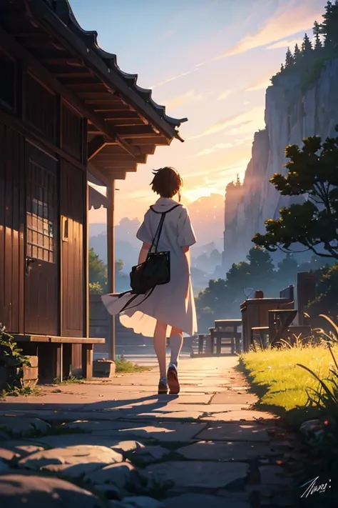 A beautiful anime landscape scene with a sunset on the mountain, distant clouds, and the warm glow of the sun. The scene is reminiscent of the "Your Name" movie style. The artwork portrays a serene and peaceful atmosphere in the anime style, with the charm...