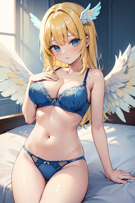 ((Best Quality)), ((Masterpiece)), (detailed), yellow hair, blue eyes, hair ornament, ((angel wings)), (((blue bra))), (((blue underwear))), (((blue lingerie))), sexy, large breast, bed