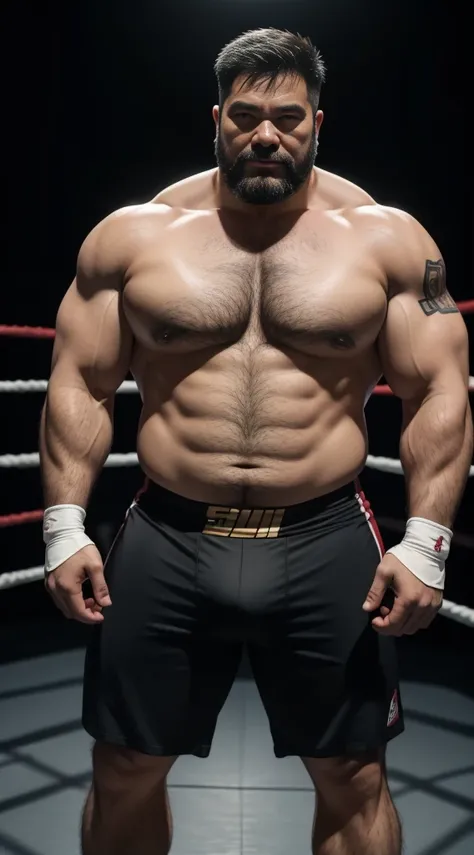 Middle aged，solo person，male people，Muscular wrestler，musculous，Stout wrestler，Asian people，uncle，60岁的Middle aged，short hair，short detailed hair，Wrestling bootull body like，Panorama Figures，WWE Ring，WWE American professional wrestling，spotlight lights，shad...