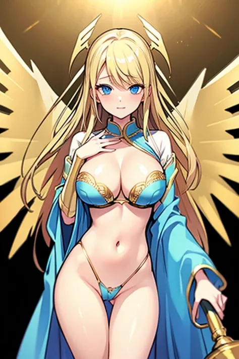 ((Best Quality)), ((Masterpiece)), (detailed), perfect faces, blonde hair, blue eyes, large breast, sexy, gold bra, gold lingerie, gold underwear, cum in pussy, breast milk, angel wings