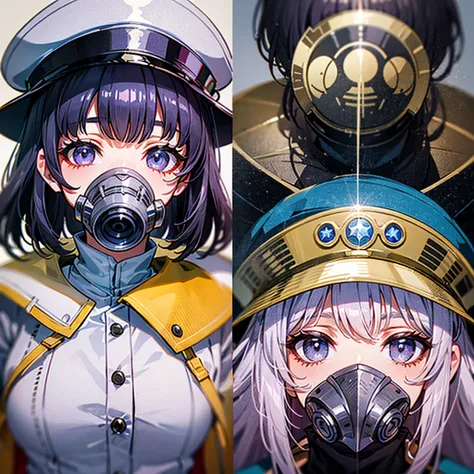 （（（​masterpiece）））、（（（Top image quality）））、（（（top-quality）））、（（highly detailed unity 8ｋwall-paper））、（Illustration of one woman）、30-years old、（Viceroy）、Black hair bob cut、（（（Gas mask covering the mouth）））、Gray eyes、（（（Sanpaku eyes）））、（（Tall））、（（huge tit））、（...