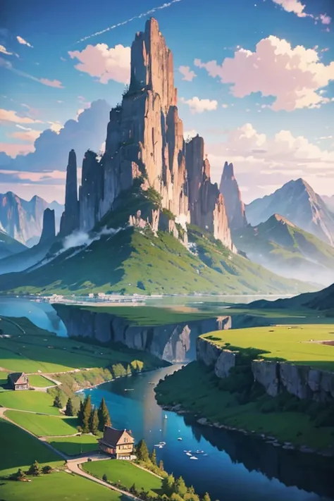 Painting of field lake with mountains as background, Anime countryside landscape, Anime landscapes, Anime landscapes, attack on titan scenery, Anime beautiful peaceful scene, 美丽的Anime landscapes, Screenshot of the 2012 animation, atmospheric anime, beautif...