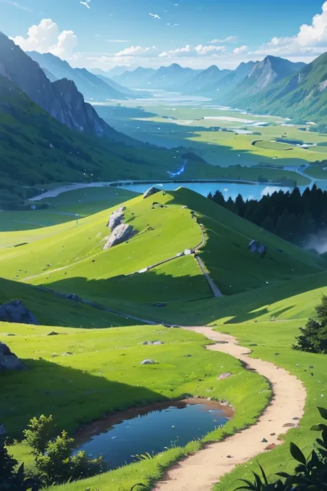 (best quality,4k,8k,highres,masterpiece:1.2),ultra-detailed,realistic,photorealistic:1.37,landscape,anime,vibrant colors,lush green mountains,peaceful countryside,lake reflecting the sky,mystical atmosphere,breathtaking scenery,happy and peaceful villagers...