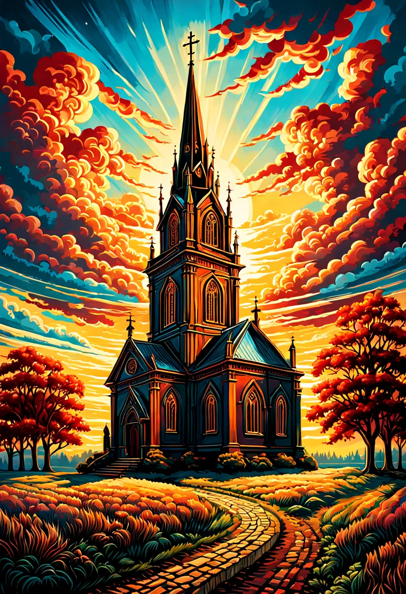 a painting of the church in ruigoord with a tower and a sky background, inspired by dan mumford, dan mumford and alex grey style...