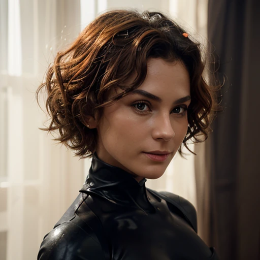 Beautiful woman, thin, thin silhouette, short hair voluminous wavy curls intense and rebellious orange, square face, (expression with discreet smile), thick eyebrows, blue eyes, detailed golden armor, visible abdomen and pectoral, magic book