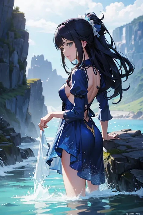 A woman in a blue dress standing on a rocky cliff in an anime scene, reincarnated as a slime, with a side view of the Limuru Storm, a screenshot from the 2012 animation, "No Game No Life," a screenshot of Kuro Anime, the Limuru Storm, reincarnated as Starl...