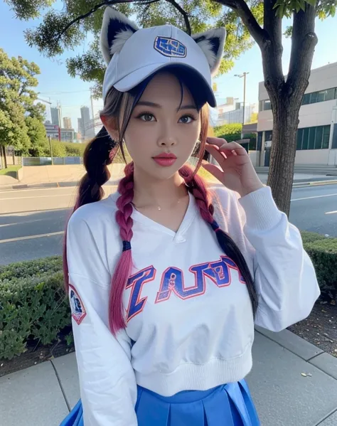 1 girl, Teenage uncensored, (Animal ear), direct, full bodyesbian, looking at viewert, hair between eye, hair adornments, Colorful hair, Double up braid, fox tails, (Multi-tailed:1.3), badges, By banglue baseball cap:1.2), Clothes writing, white  clothes, ...