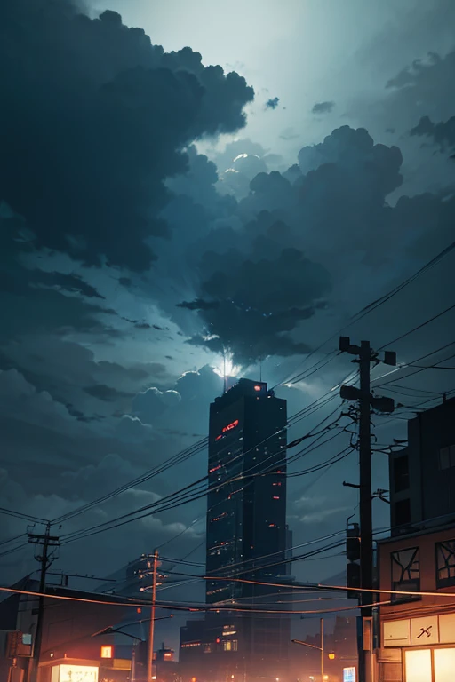 The prompt for the given theme could be:

"A night sky with clouds, electric wires, and streetlights, anime-inspired background, dark ambiance, anime clouds, moonlit cloudscape, anime sky, magical cloudy background, backdrop of (dark _ smoky), cloudy night...