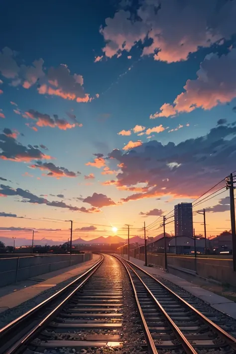 At sunset，There is a train on the tracks，the sky background, Anime Sky, Anime Cloud, anime backgrounds, Dawn background, natta ; wide wide shot, Dusk sunset background, atmospheric anime, Dusk sky, anime atmospheric, Cloudy sunset, beautiful dusk, random b...