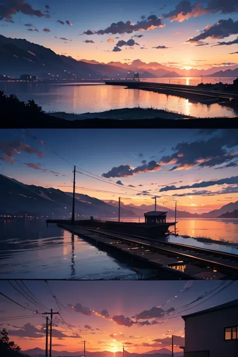 (best quality,4k,8k,highres,masterpiece:1.2),ultra-detailed,(realistic,photorealistic,photo-realistic:1.37),sunset,train on the tracks,sky background,anime sky,anime clouds,anime background,dawn background,nighttime,wide-angle lens,dusk sunset background,a...