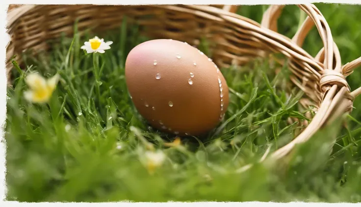 a macro shot of a single Easter egg in a basket, with dewdrops on the grass and petals of nearby flowers, symbolizing new beginnings and the beauty of nature