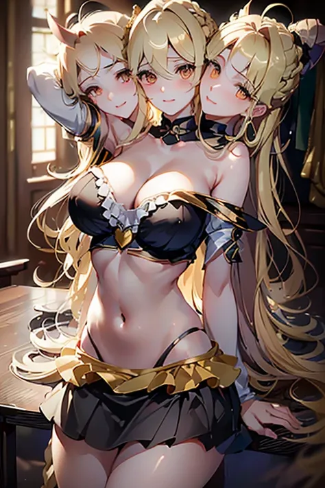 (masterpiece, best quality), (3heads:1.5), 1girl, (kirasame marisa:1.3), masterpiece, best quality, black top, crop top, ((stomach)), midriff, ((groin)), black skirt, normal ears, shackles, blonde hair, very long hair, wavy hair, sidelocks, yellow eyes, pa...