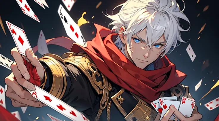 Man with white hair and blue eyes and in golden arcane costume and red scarf and golden gloves holding a playing card and playing cards background full of thunder and yellow watercolor style