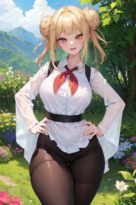 tmasterpiece、Need、1 female student、White cloth bun bun bun、Shoulder leakage、The chest is large、chubbiness、ssmile、Black suspender tights、lace leggings、pale pink lip、legs are open， 独奏, White polo shirt, looking at viewert,  (Thigh thick:1.0),Yazawa Nico,red ...