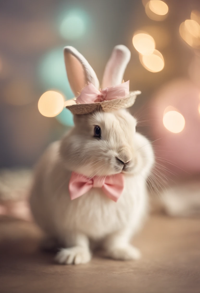 a whimsical shot of a bunny wearing a tiny Easter hat or bowtie, with a bokeh background of pastel colors, creating a festive and charming atmosphere